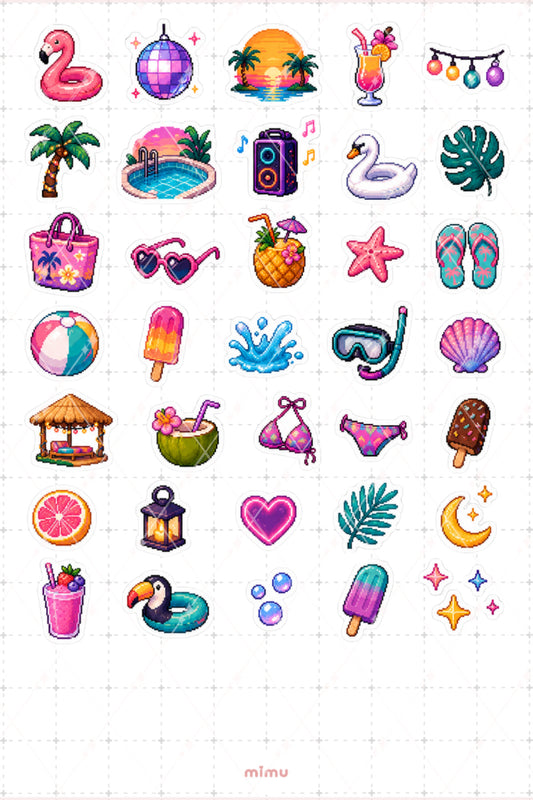 Pixel Art Havuz Partisi Sticker Seti Yaz Eğlencesi Temalı Dekoratif 2'li Etiket