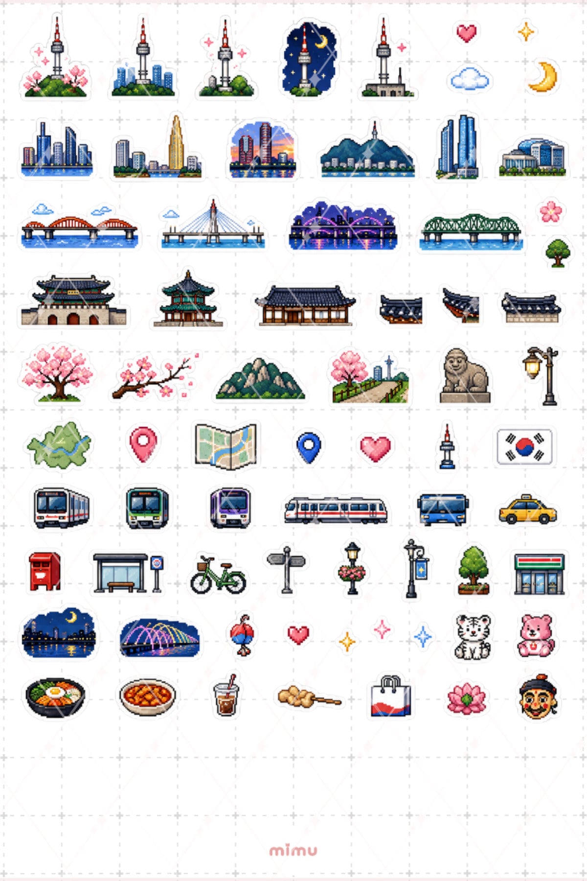 Pixel Art Seul Sticker Seti Kore Şehir Temalı Dekoratif 2'li Etiket
