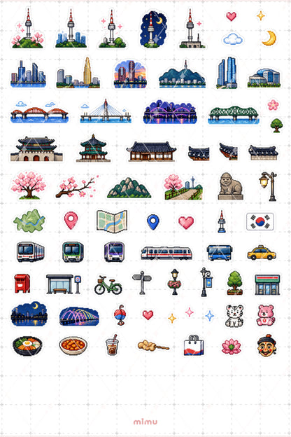 Pixel Art Seul Sticker Seti Kore Şehir Temalı Dekoratif 2'li Etiket