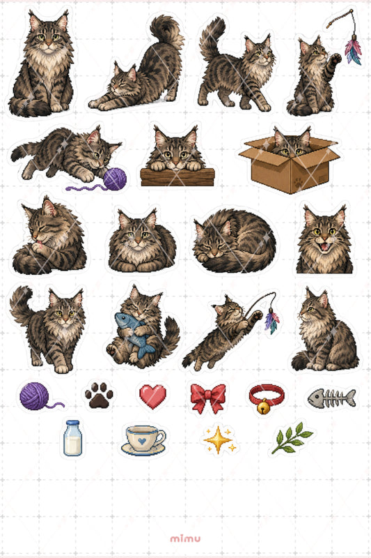 Pixel Art Maine Coon Kedi Sticker Seti Irk Kedi Temalı Dekoratif 2'li Etiket