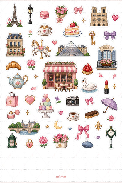 Pixel Art Paris Sticker Seti Fransa Şehir Temalı Dekoratif 2'li Etiket