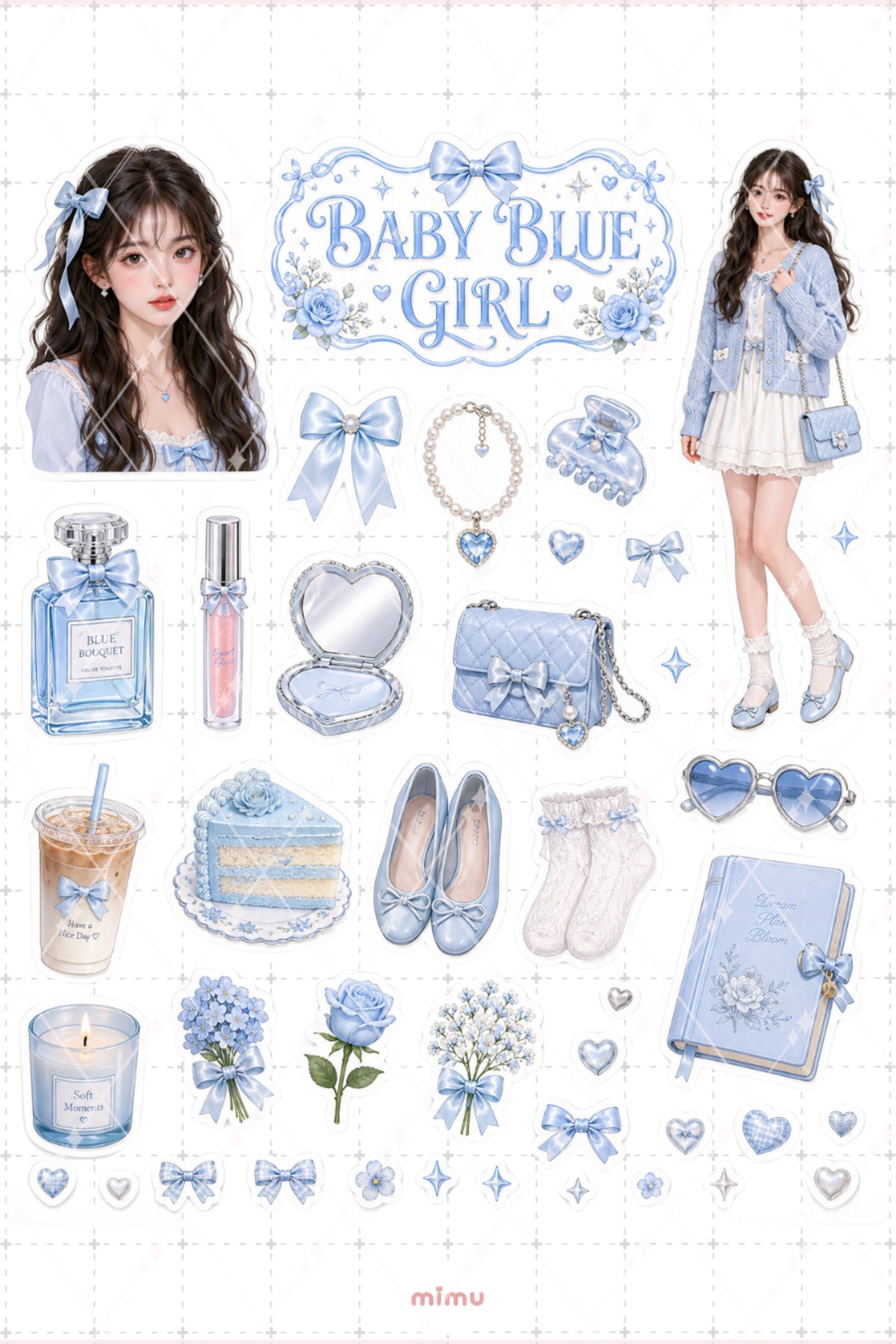 Baby Blue Girl Sticker Seti Mavi Fiyonk Kız Temalı 2li Dekoratif Etiket - 2