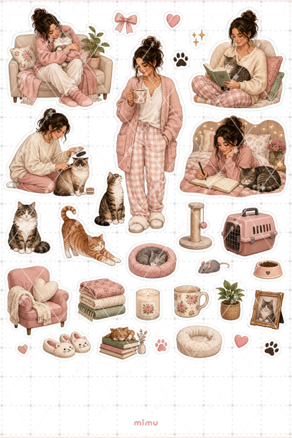 Kedi Annesi Sticker Seti Kedi Ev Cozy Yaşam Temalı Dekoratif 2'li Etiket