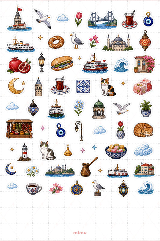 Pixel Art İstanbul Sticker Seti Boğaz ve Şehir Temalı Dekoratif 2'li Etiket