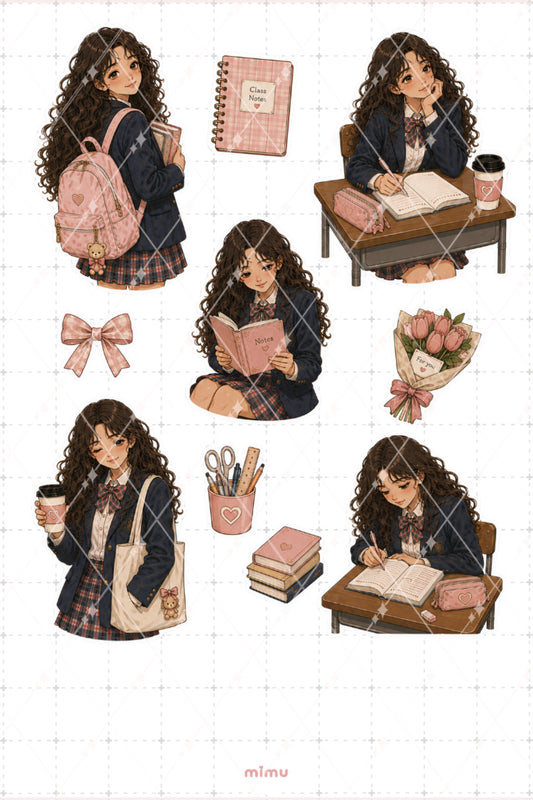 Sarışın Kısa Dalgalı Saçlı Öğrenci Sticker Seti Okul ve Ders Çalışma Temalı Dekoratif 2'li Etiket