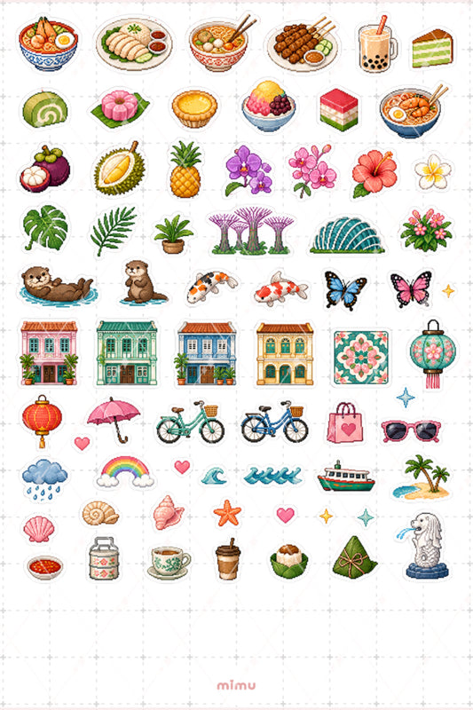 Pixel Art Singapur Sticker Seti Asya Şehir Temalı Dekoratif 2'li Etiket