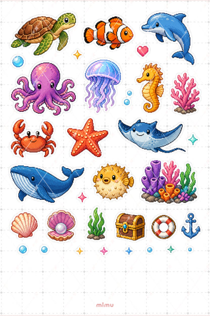Pixel Art Okyanus Canlıları Sticker Seti Deniz Hayvanları Temalı Dekoratif 2'li Etiket