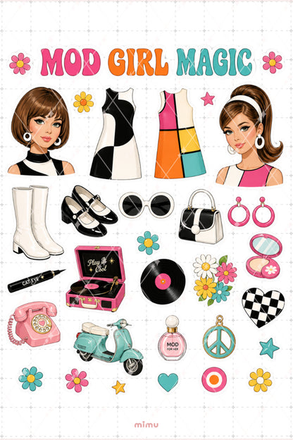 Mod Girl Magic Sticker Seti Retro Renkli Kız Temalı 2li Dekoratif Etiket