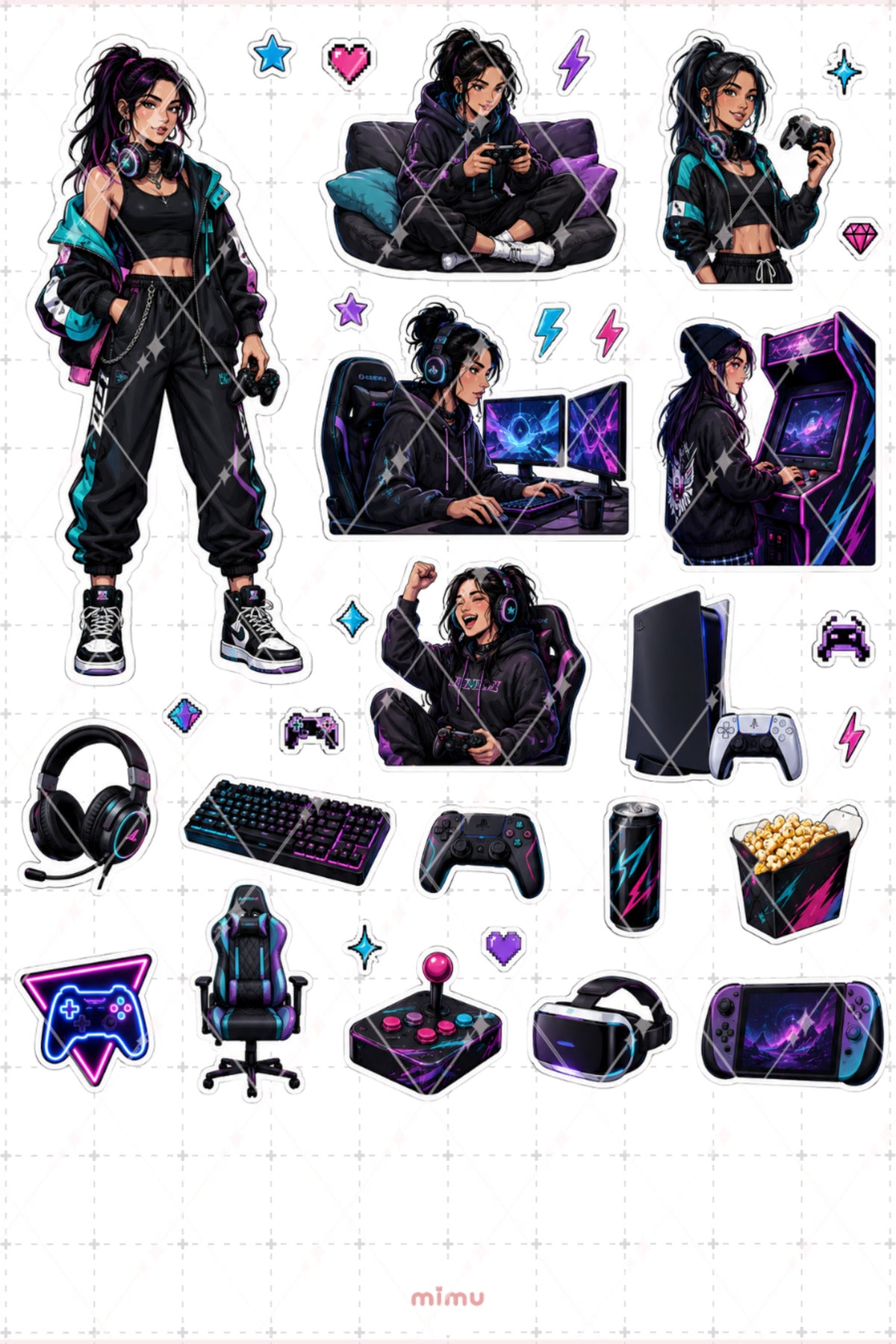 Oyuncu Kız Sticker Seti Gamer Oyun Konsol Temalı Dekoratif 2'li Etiket