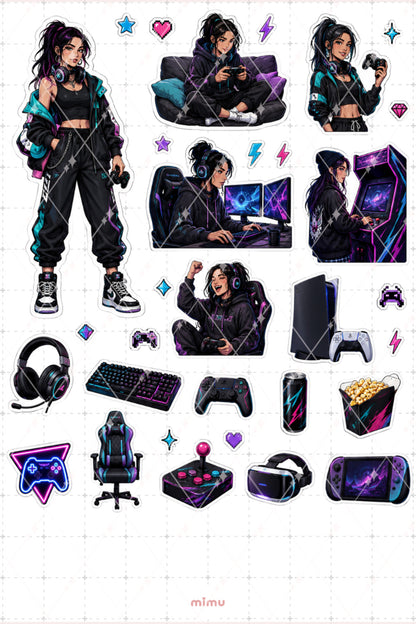 Oyuncu Kız Sticker Seti Gamer Oyun Konsol Temalı Dekoratif 2'li Etiket