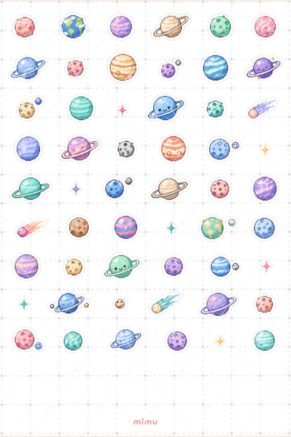 Pixel Art Gezegen Sticker Seti Planets Uzay Temalı Dekoratif 2'li Etiket