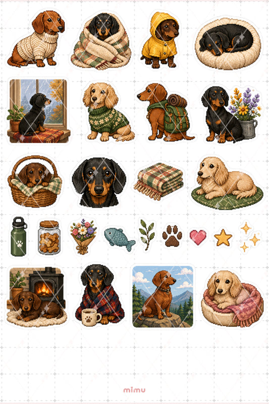 Pixel Art Dachshund Köpek Sticker Seti Sosis Köpek Temalı Dekoratif 2'li Etiket
