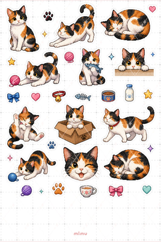 Pixel Art Calico Kedi Sticker Seti Üç Renkli Kedi Temalı Dekoratif 2'li Etiket