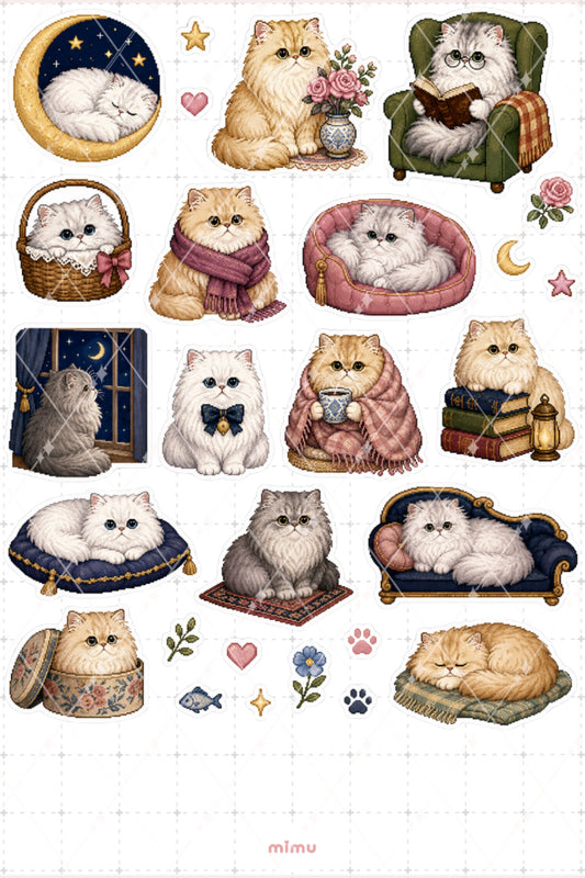 Pixel Art İran Kedisi Sticker Seti Persian Cat Irk Kedi Temalı Dekoratif 2'li Etiket