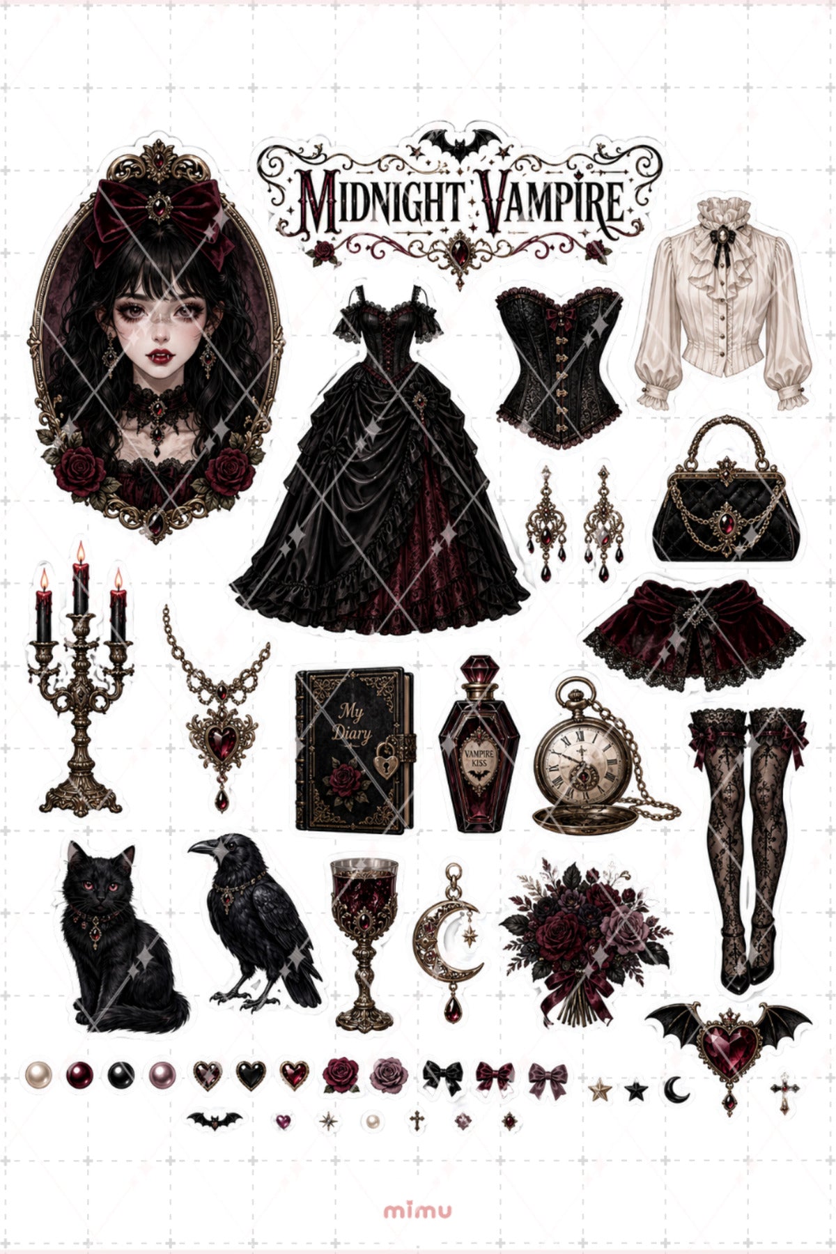 Vampire Girl Sticker Seti Siyah Bordo Gotik Vampir Temalı 2li Dekoratif Etiket