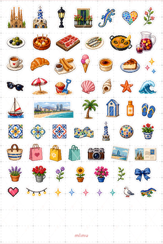 Pixel Art Barcelona Sticker Seti İspanya Şehir Temalı Dekoratif 2'li Etiket