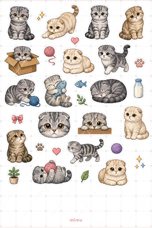 Pixel Art Scottish Fold Kedi Sticker Seti Kıvrık Kulak Temalı Dekoratif 2'li Etiket