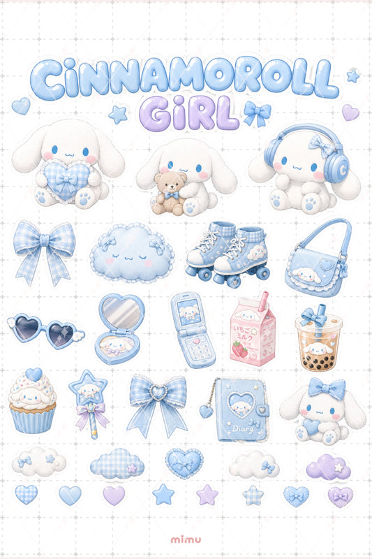 Cinnamoroll Girl Sticker Seti Mavi Pastel Kawaii Sanrio Temalı 2li Etiket