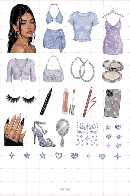 Maddy Perez Sticker Seti Mor Parıltılı Y2K Moda Temalı Dekoratif 2'li Etiket