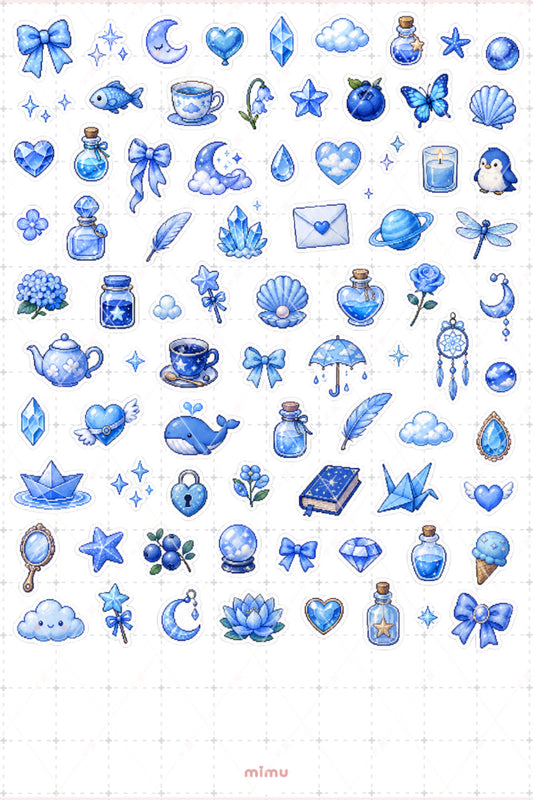 Pixel Art Mavi Renk Sticker Seti Blue Estetik Renk Temalı Dekoratif 2'li Etiket