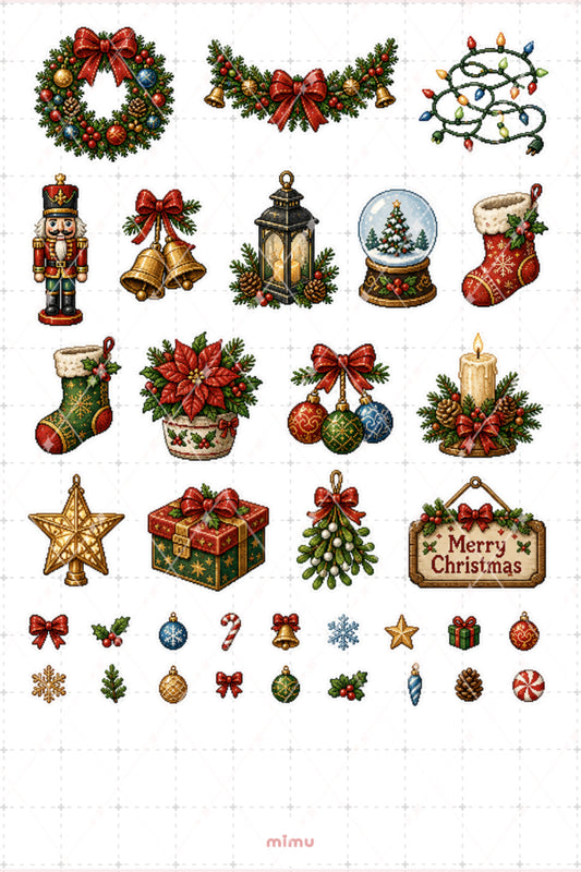 Pixel Art Yılbaşı Süslemeleri Sticker Seti Noel Dekoru ve Çam Dalı Temalı Dekoratif 2'li Etiket
