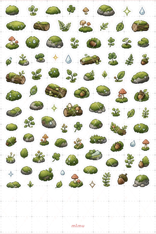 Pixel Art Yosun Sticker Seti Moss Orman ve Doğa Temalı Dekoratif 2'li Etiket