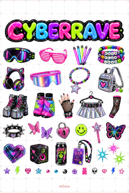 Cyberrave Sticker Seti Neon Renkli Rave Parti Estetiği 2li Etiket
