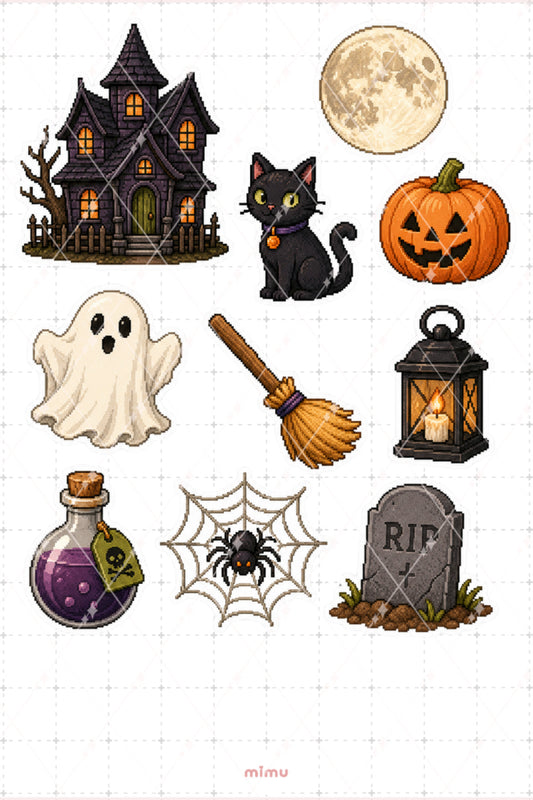 Pixel Art Halloween Sticker Seti Perili Ev ve Korku Sembolleri Temalı Dekoratif 2'li Etiket
