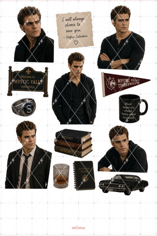 Stefan Salvatore Sticker Seti Mystic Falls ve Vampir Temalı Dekoratif 2'li Etiket