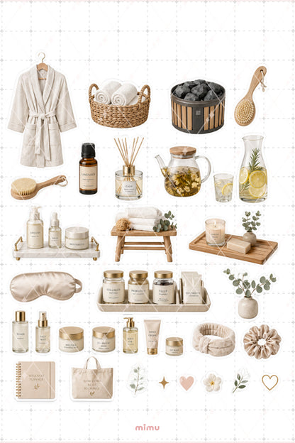 Luxury Wellness Spa Sticker Seti Self Care Bakım Temalı Bej Estetik 2li Etiket