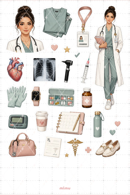 Doktor Kız Sticker Seti Tıp Hastane Temalı Dekoratif 2'li Etiket