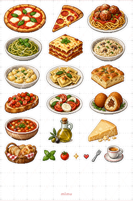 Pixel Art İtalyan Mutfağı Sticker Seti Pizza ve Makarna Temalı Dekoratif 2'li Etiket