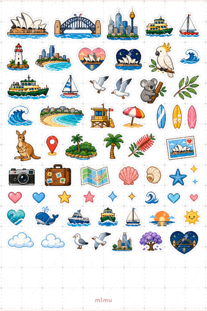Pixel Art Sydney Sticker Seti Avustralya Şehir Temalı Dekoratif 2'li Etiket