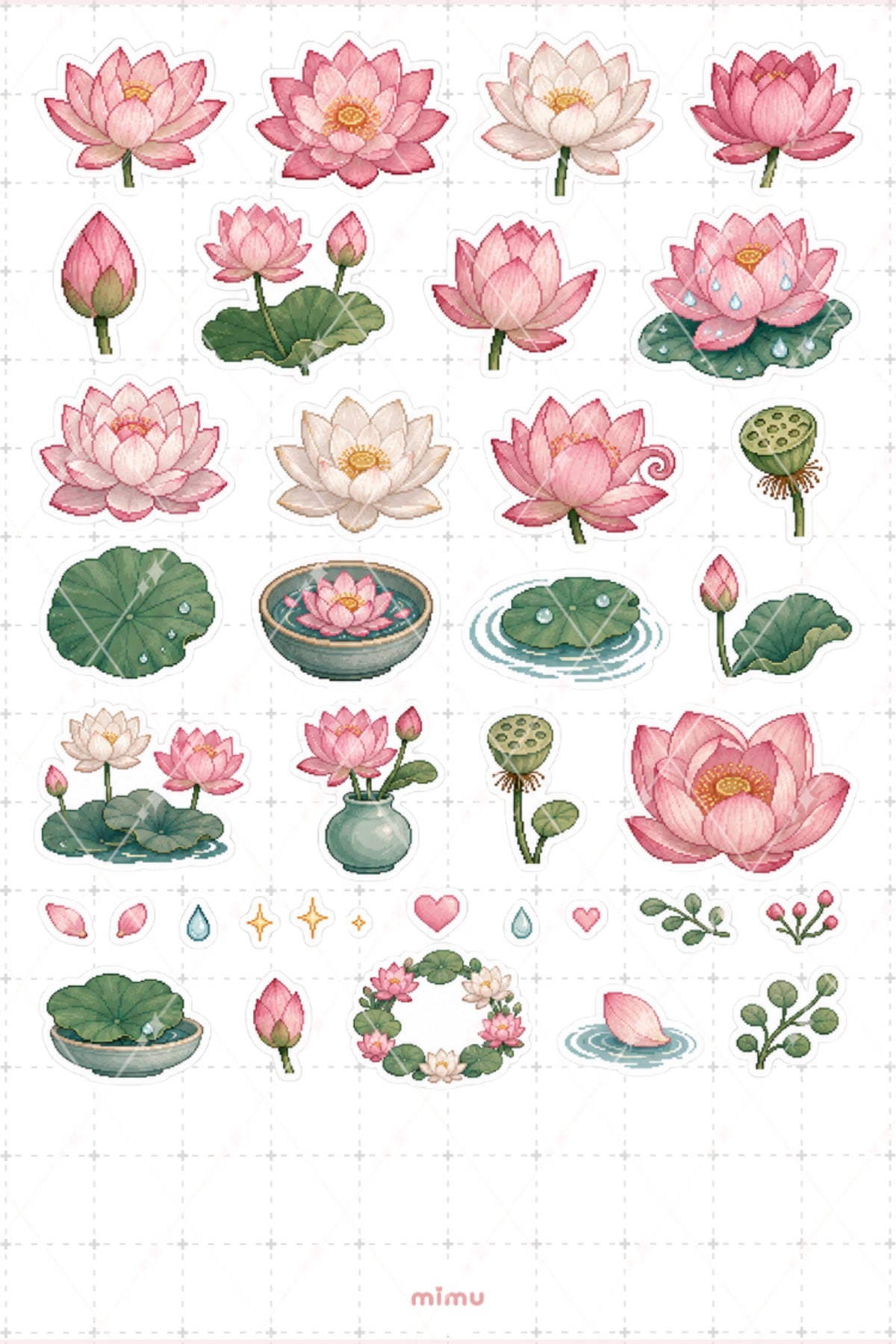 Pixel Art Lotus Sticker Seti Çiçek ve Zen Temalı Dekoratif 2'li Etiket