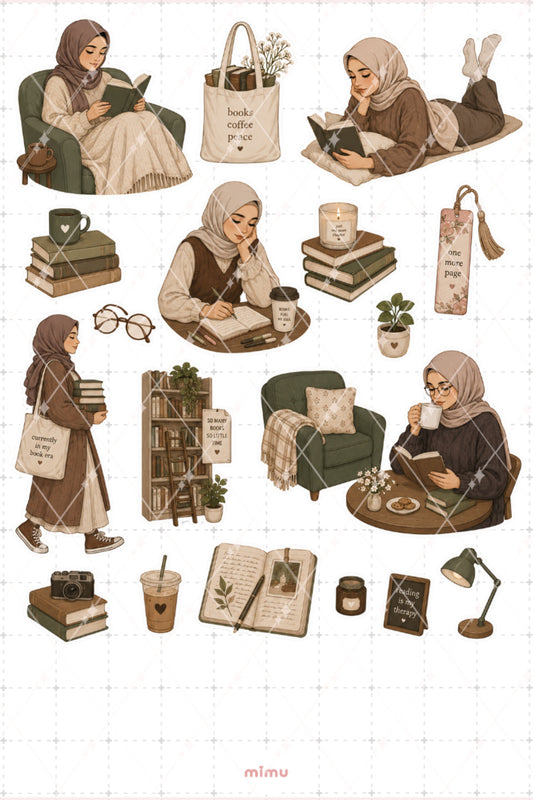 Kitap Kurdu Sticker Seti Kitap Okuma ve Kahve Keyfi Temalı Dekoratif 2'li Etiket