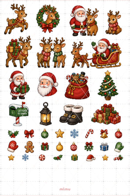 Pixel Art Noel Baba ve Ren Geyiği Sticker Seti Yılbaşı ve Hediye Temalı Dekoratif 2'li Etiket