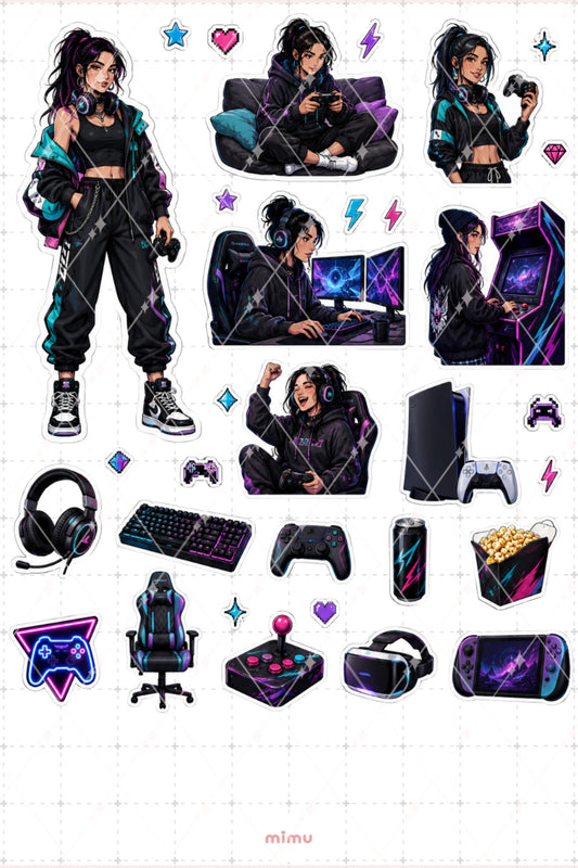 Oyuncu Kız Sticker Seti Gamer Oyun Konsol Temalı Dekoratif 2'li Etiket