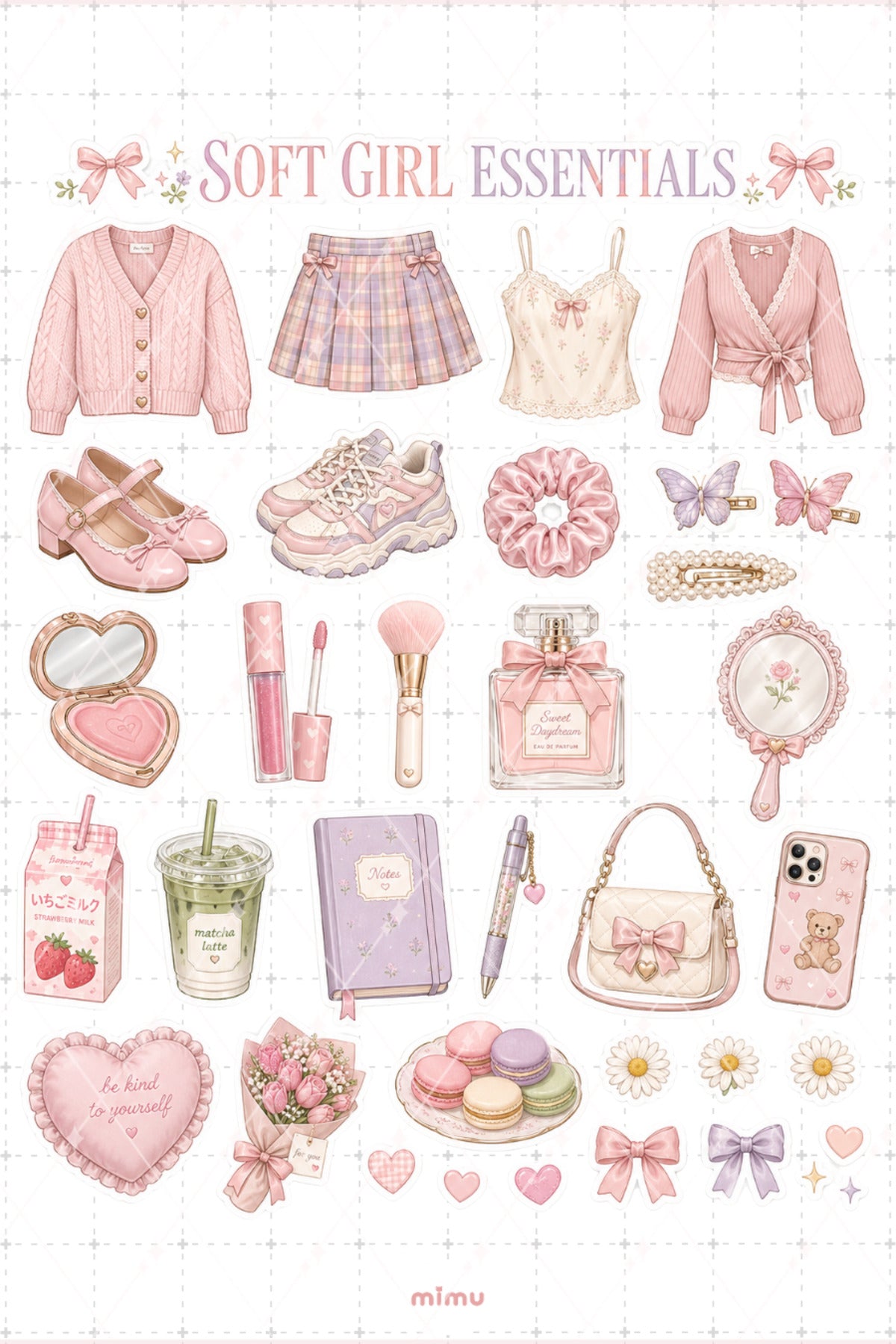 Soft Girl Essentials Sticker Seti Pastel Pembe Lila Romantik Estetik 2li Etiket