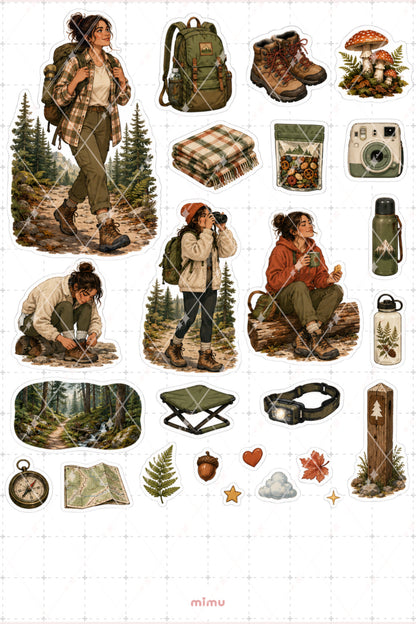 Doğa Yürüyüşü Kız Sticker Seti Hiking Kamp Outdoor Temalı Dekoratif 2'li Etiket