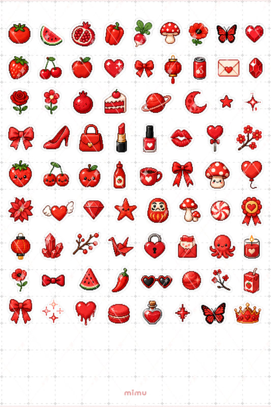 Pixel Art Kırmızı Renk Sticker Seti Red Estetik Renk Temalı Dekoratif 2'li Etiket