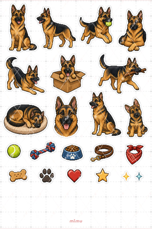 Pixel Art German Shepherd Sticker Seti Alman Çoban Köpeği Temalı Dekoratif 2'li Etiket