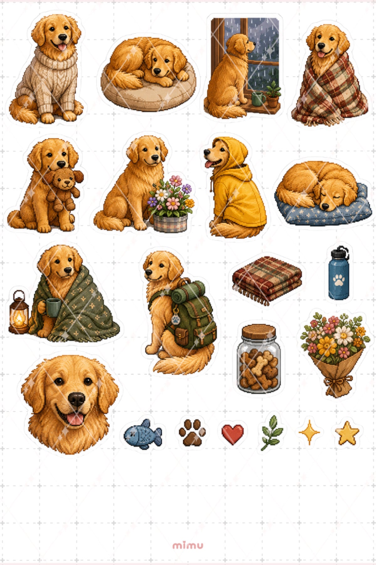 Pixel Art Golden Retriever Sticker Seti Irk Köpek Temalı Dekoratif 2'li Etiket