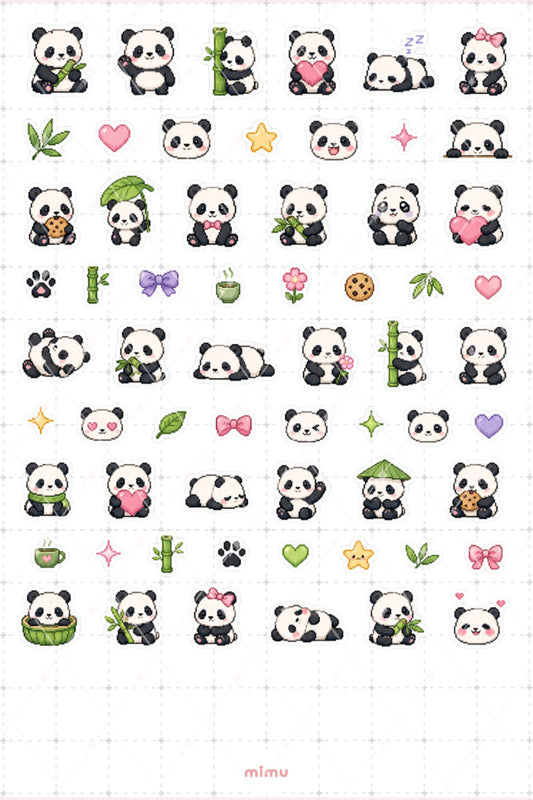 Pixel Art Panda Sticker Seti Siyah Beyaz Hayvan Temalı Dekoratif 2'li Etiket