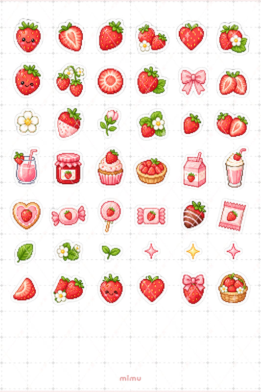Pixel Art Çilek Sticker Seti Strawberry Meyve Temalı Dekoratif 2'li Etiket
