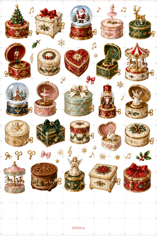 Yılbaşı Müzik Kutusu Sticker Seti Vintage Noel Temalı Dekoratif 2'li Etiket