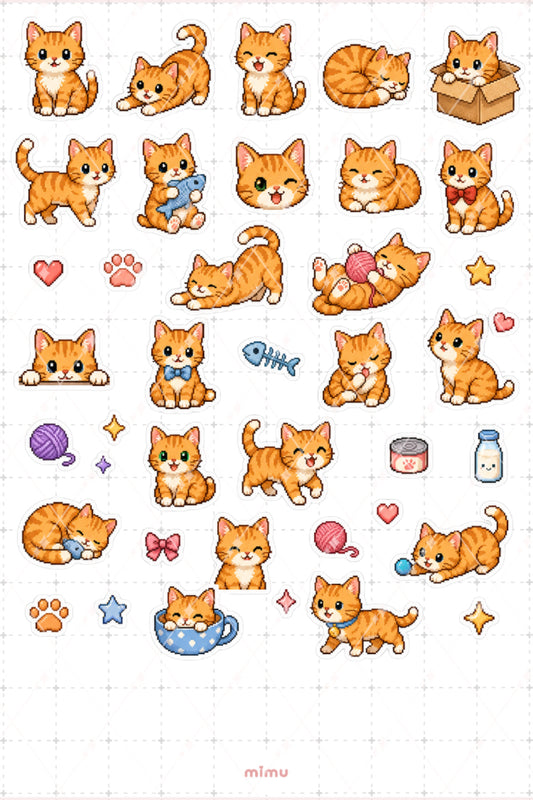 Pixel Art Turuncu Kedi Sticker Seti Orange Cat Patili Dost Temalı Dekoratif 2'li Etiket