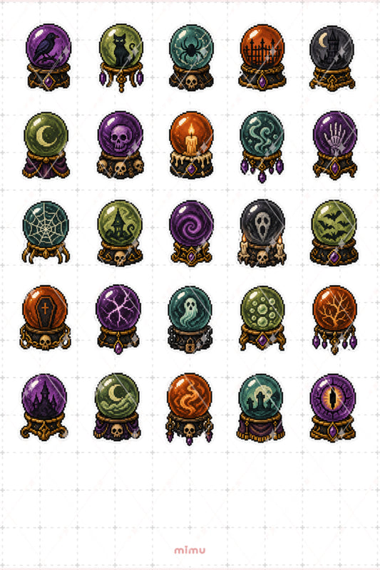 Pixel Art Halloween Sticker Seti Kristal Küre Temalı Dekoratif 2'li Etiket