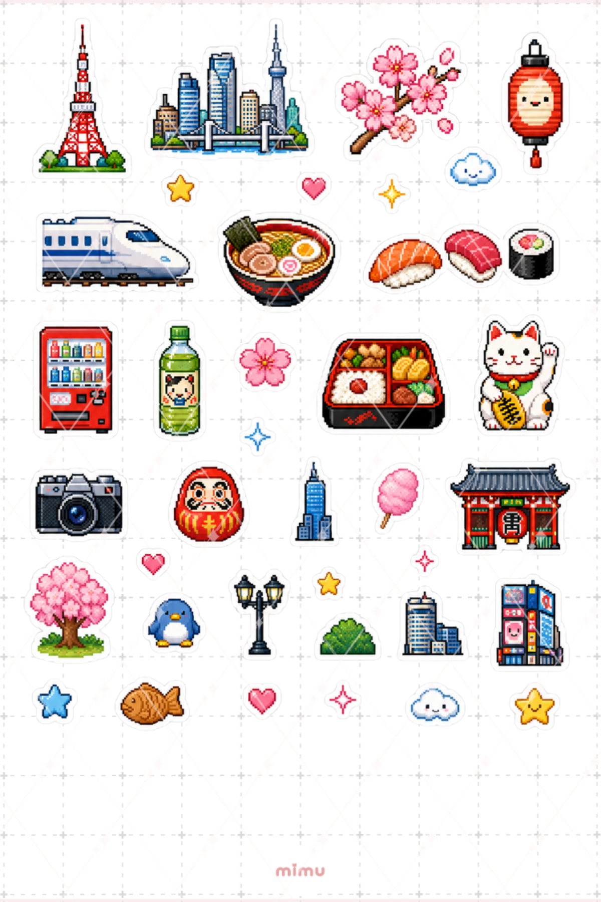 Pixel Art Tokyo Sticker Seti Japonya Şehir Temalı Dekoratif 2'li Etiket