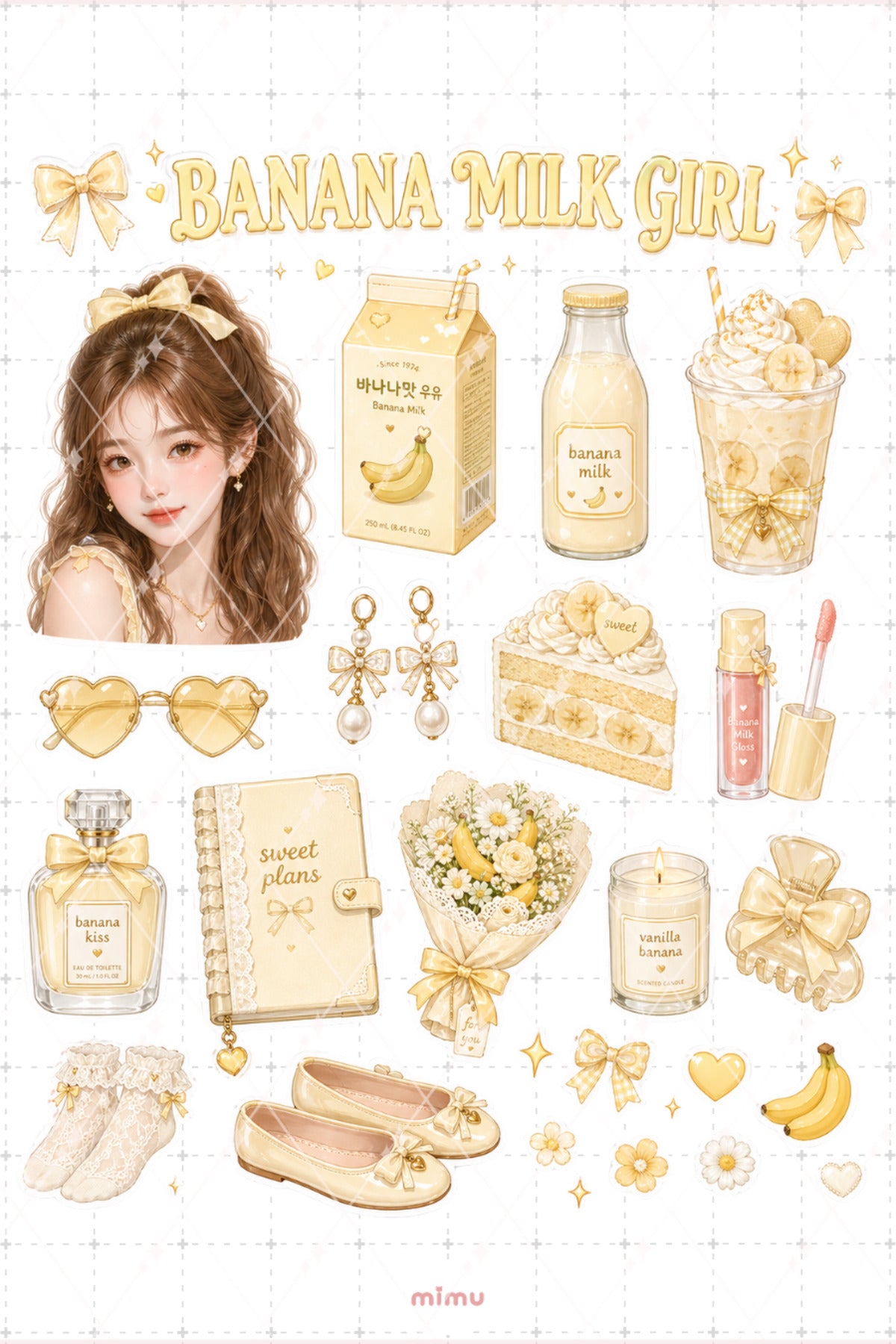 Banana Milk Girl Sticker Seti Sarı Muz Sütü Kız Temalı 2li Dekoratif Etiket