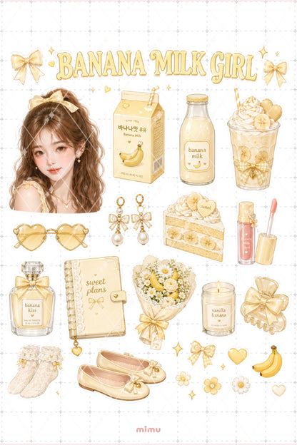 Banana Milk Girl Sticker Seti Sarı Muz Sütü Kız Temalı 2li Dekoratif Etiket